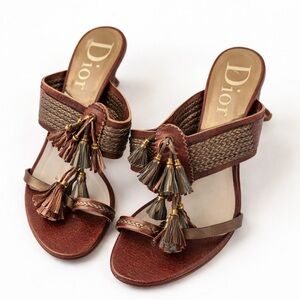 Christian Dior Galliano Era Boho Tassel Sandals Brown Leather Kitten Heels 38.5